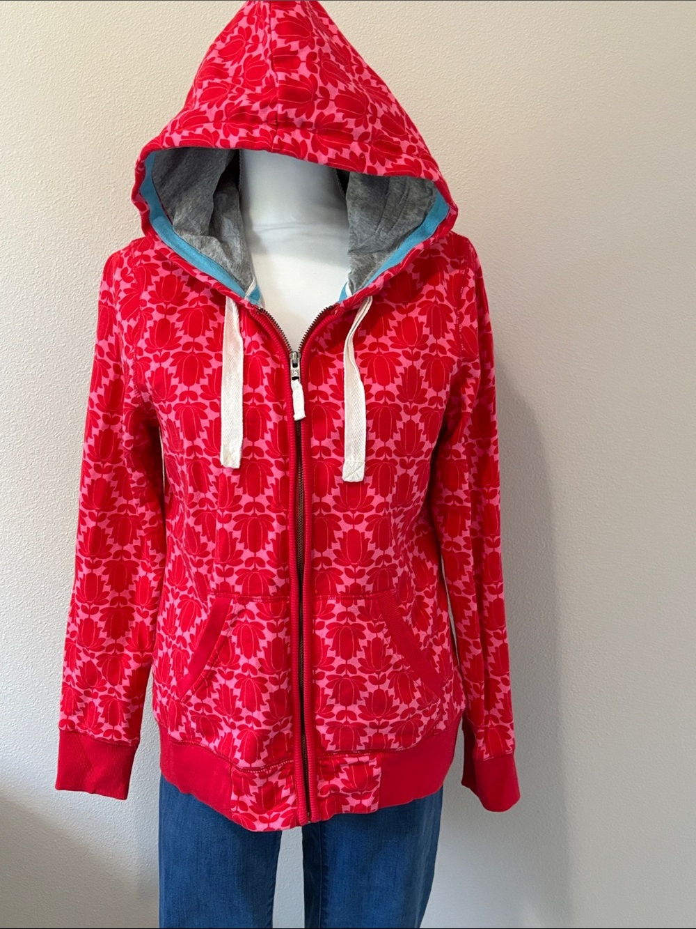 Boden Red Pink Floral Lotus Print Zip Up Hoodie Size US 10 UK 14 WL885